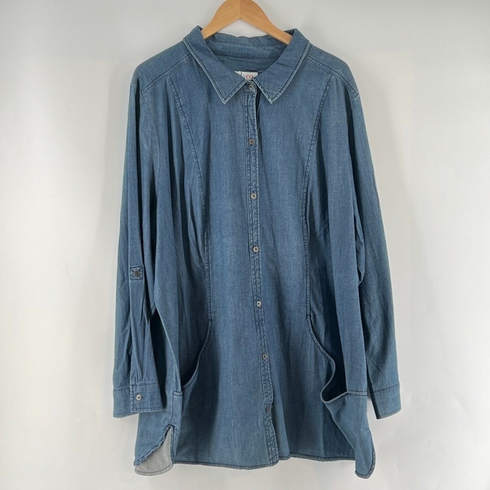 Denim & Co Blue Denim Tunic Shirt Jacket Pockets 3X Cotton Stretch Shacket Chore